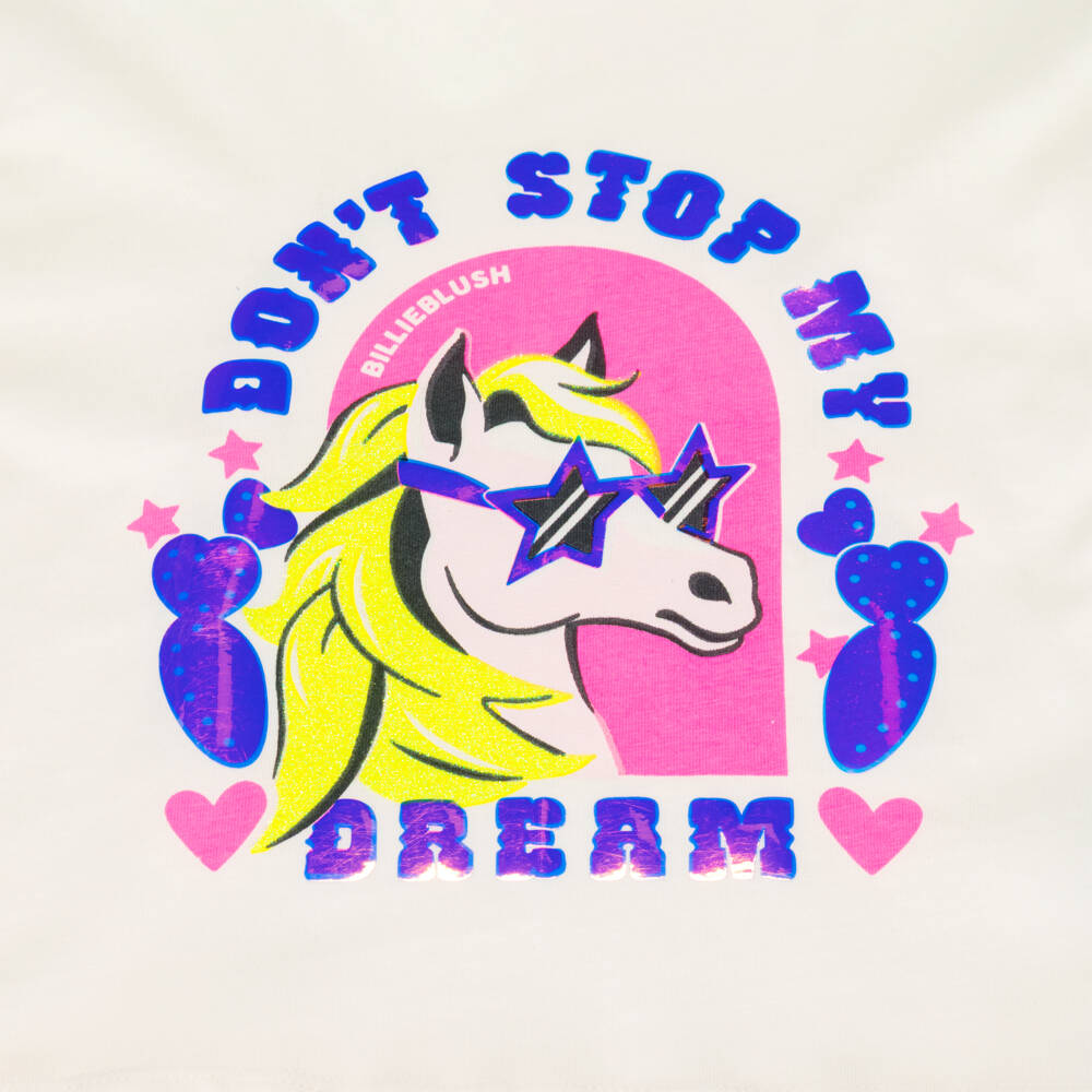 Billieblush-Girls Ivory Cotton Slogan Top with Glittery Pony | Childrensalon Outlet