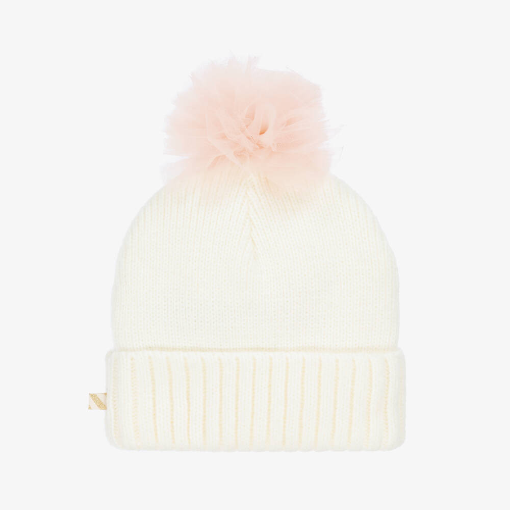 Billieblush-Girls Ivory Knitted Hat with Pink Tulle Pom-Pom & Logo Heart | Childrensalon Outlet