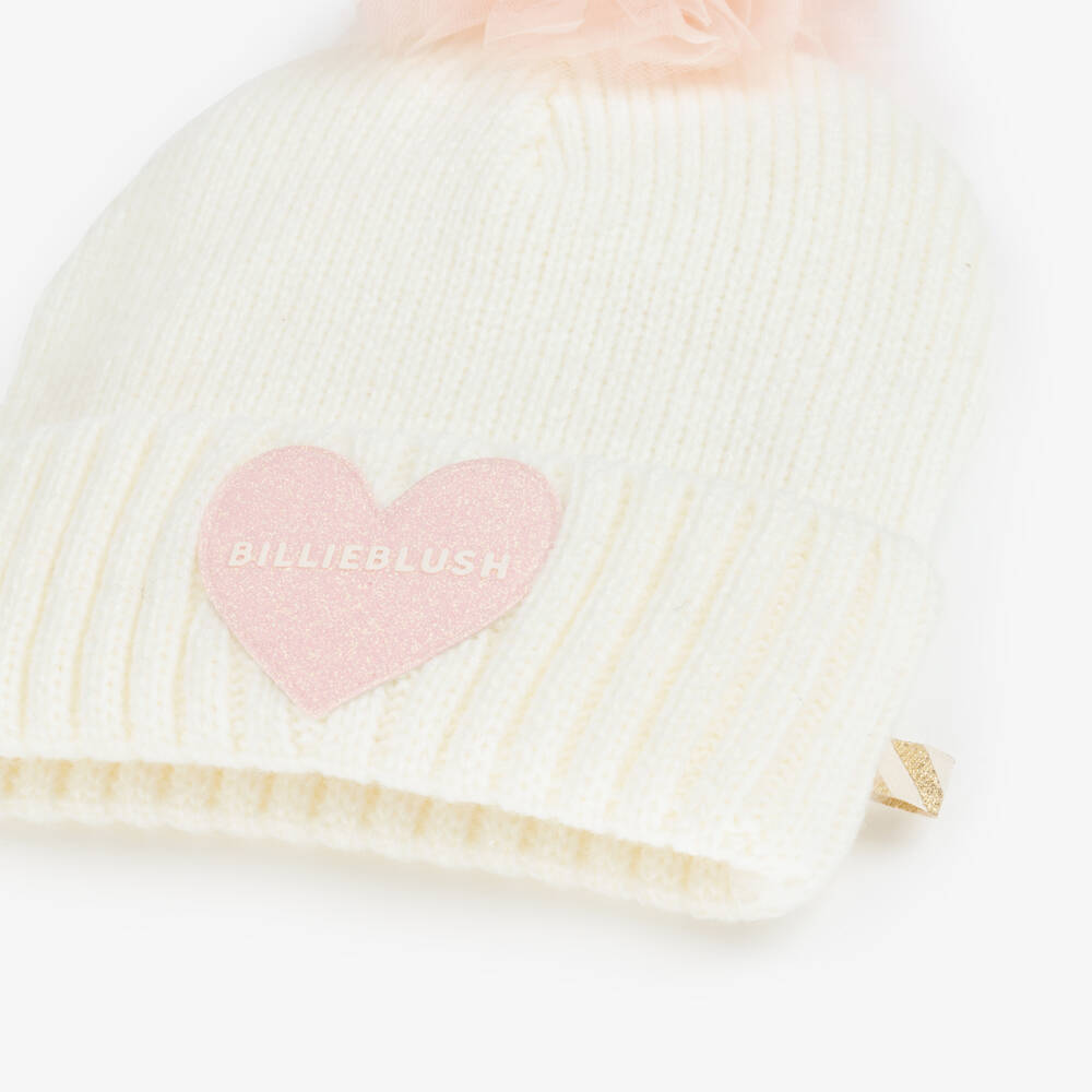 Billieblush-Girls Ivory Knitted Hat with Pink Tulle Pom-Pom & Logo Heart | Childrensalon Outlet