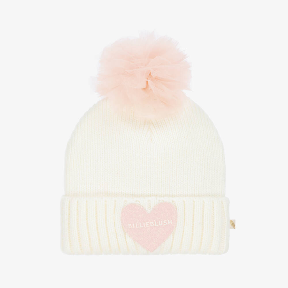 Billieblush-Girls Ivory Knitted Hat with Pink Tulle Pom-Pom & Logo Heart | Childrensalon Outlet