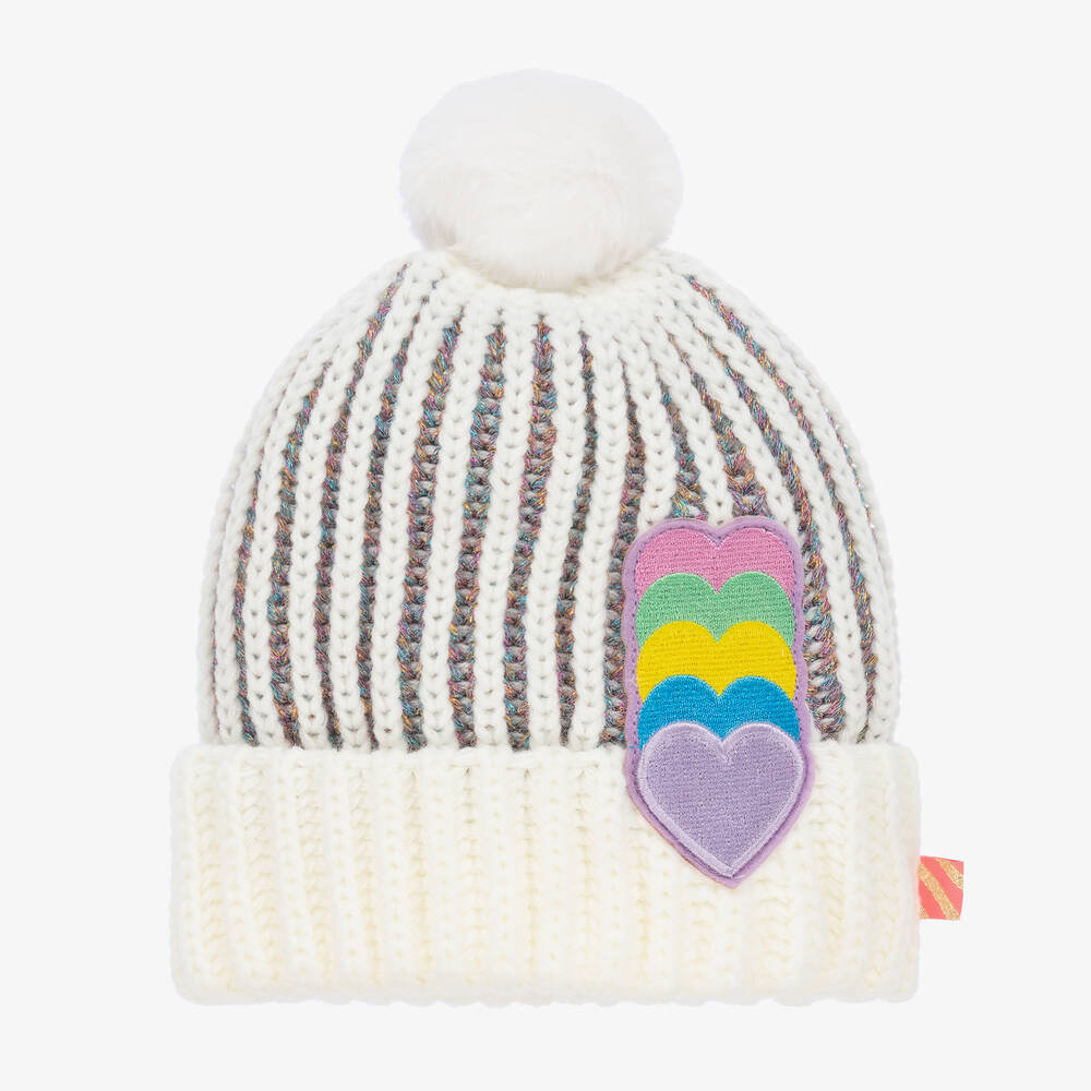 Billieblush - Girls Ivory Knitted Heart Pom-Pom Hat | Childrensalon