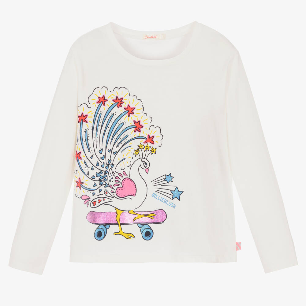 Billieblush - Elfenbeinfarbenes Pfau-Baumwolloberteil (M) | Childrensalon