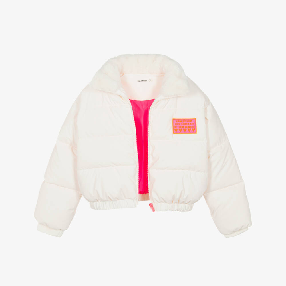 Billieblush-Girls Ivory Puffer Jacket with Faux Fur Collar | Childrensalon Outlet