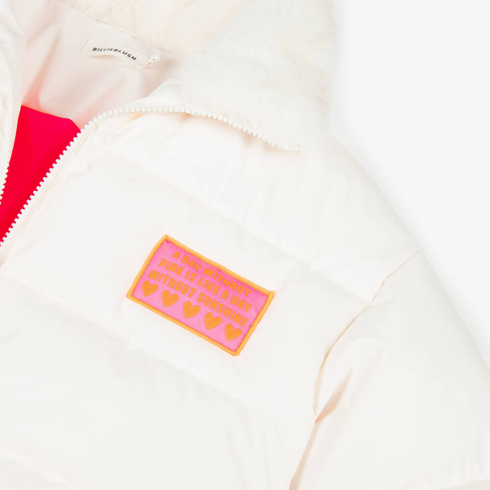 Billieblush-Girls Ivory Puffer Jacket with Faux Fur Collar | Childrensalon Outlet