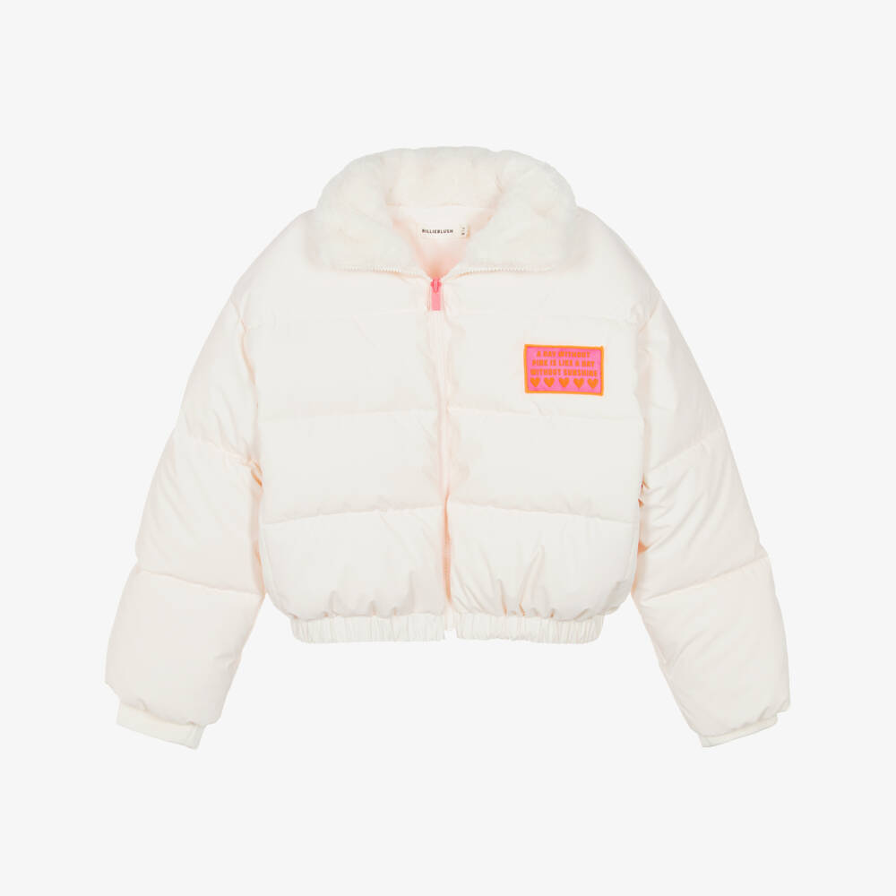 Billieblush-Girls Ivory Puffer Jacket with Faux Fur Collar | Childrensalon Outlet