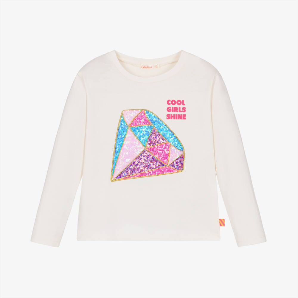 Billieblush-Girls Ivory Sequin Gem T-Shirt | Childrensalon Outlet