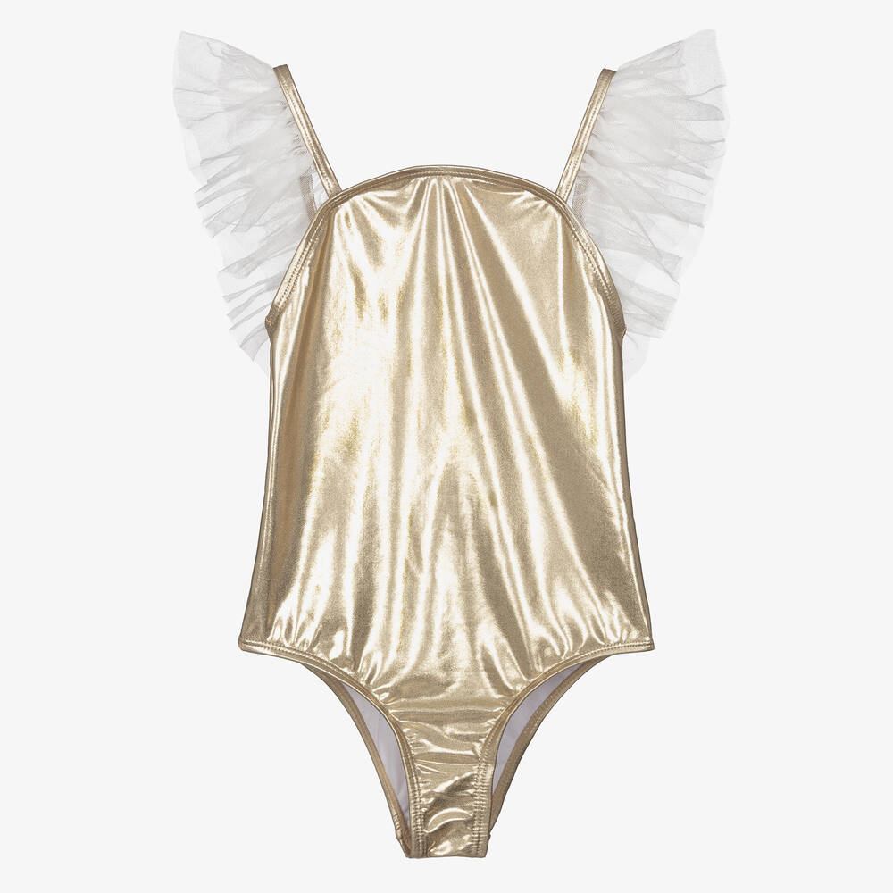 Billieblush-Girls Metallic Gold & Tulle Swimsuit | Childrensalon Outlet