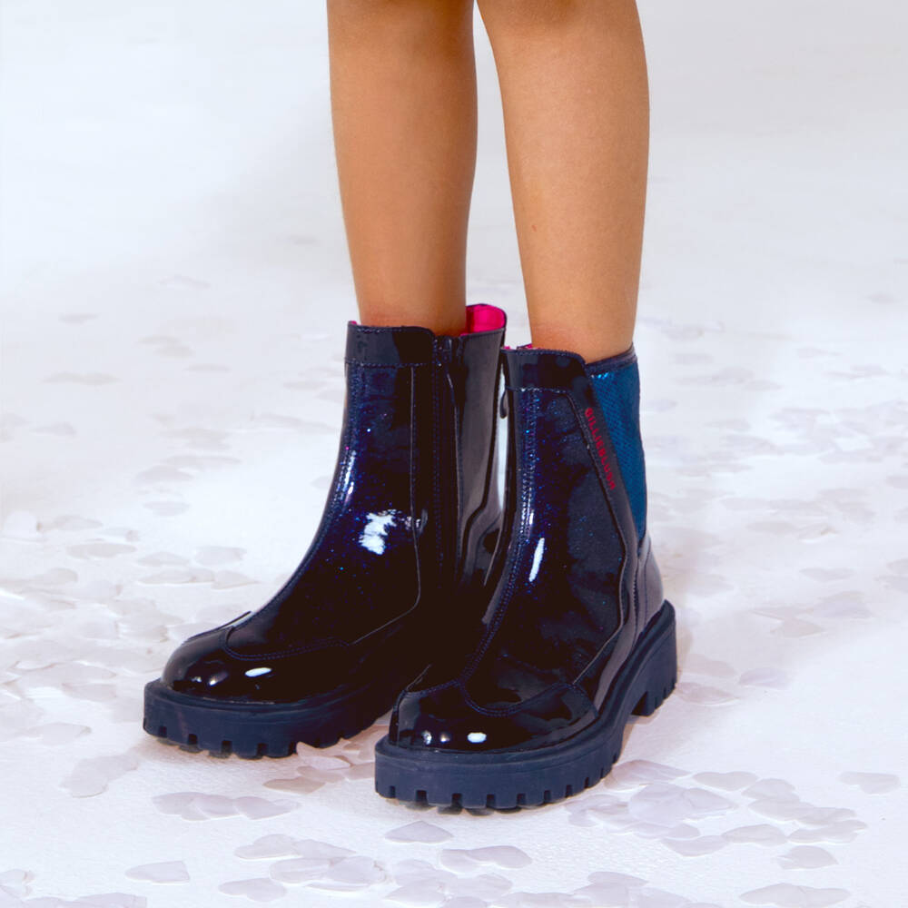Billieblush-Girls Navy Blue Glittery Faux Leather Boots | Childrensalon Outlet