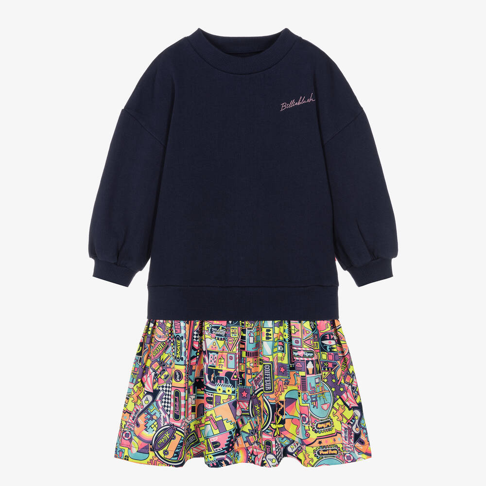 Billieblush - Girls Navy Blue Graphic Sweatshirt Dress | Childrensalon