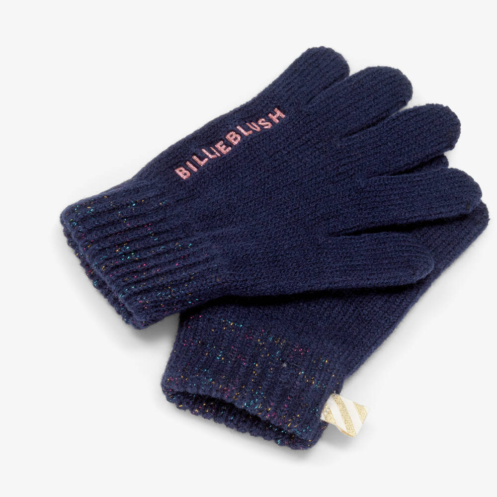 Billieblush-Girls Navy Blue Knitted Gloves with Glittery Logo | Childrensalon Outlet