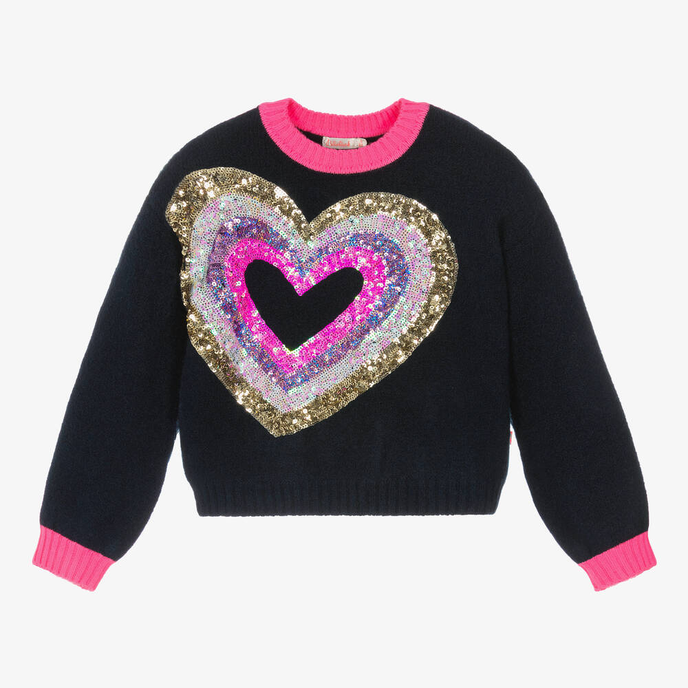 Billieblush-Girls Navy Blue Sequin Heart Sweater | Childrensalon Outlet
