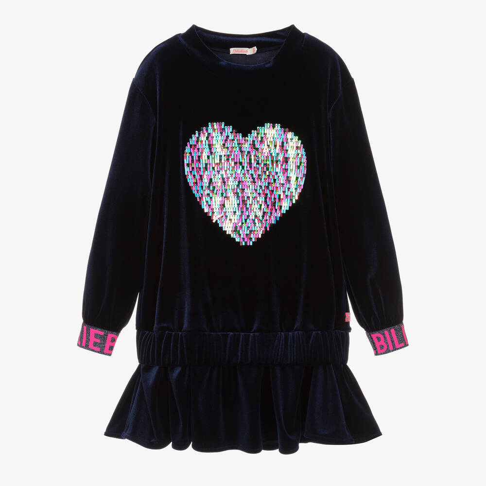 Billieblush - Girls Navy Blue Sequin Heart Velour Dress | Childrensalon