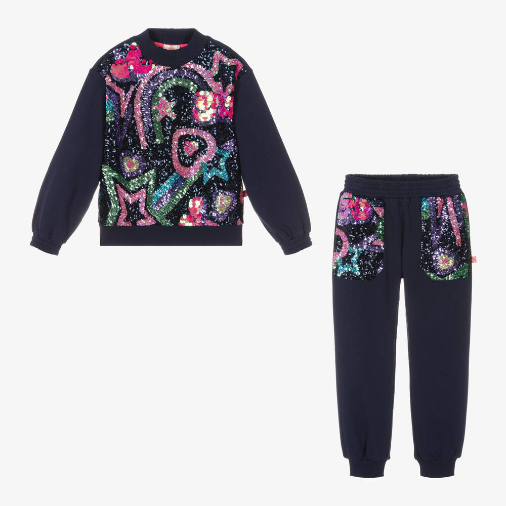 Billieblush-بدلة رياضية قطن جيرسي لون كحلي مزين بترتر للبنات | Childrensalon Outlet