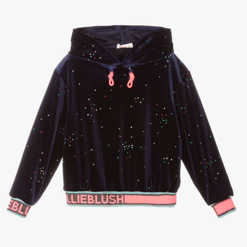 Billieblush - Sweat à capuche bleu marine en velours Fille | Childrensalon