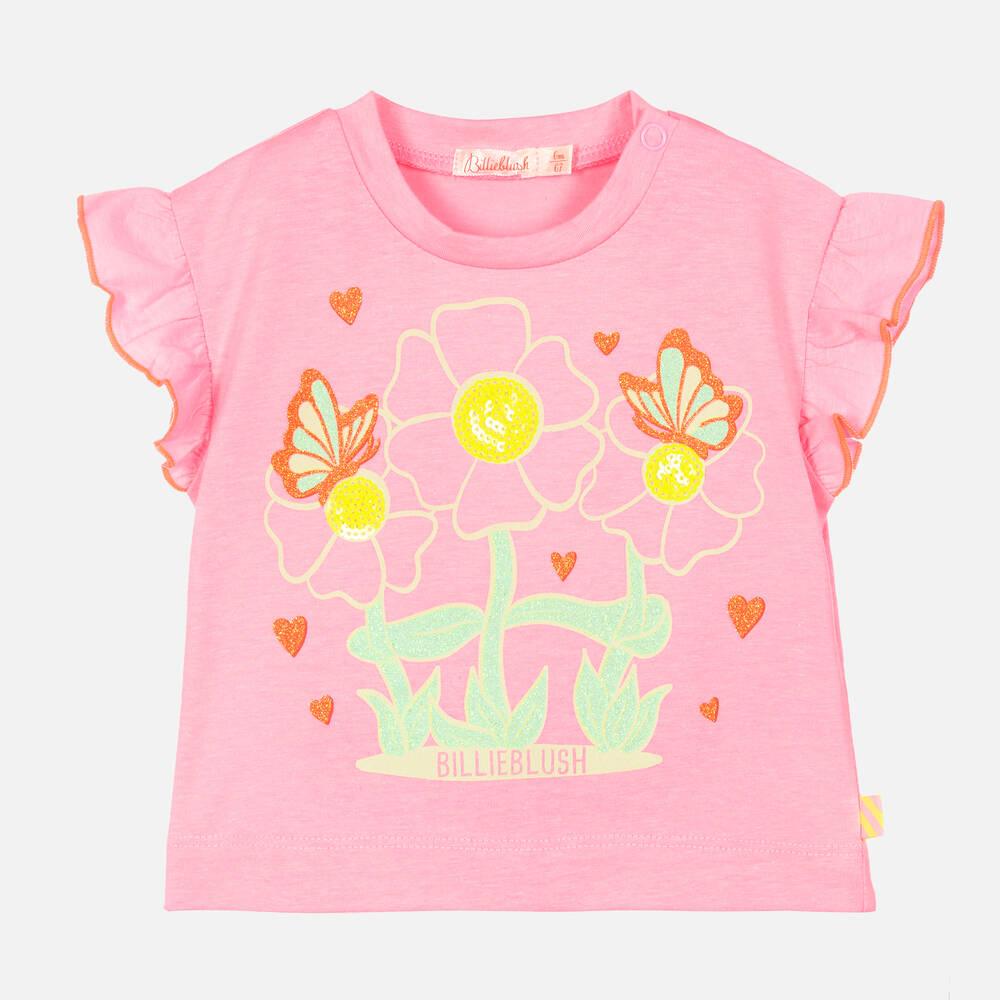 Girls Neon Pink Glitter Flower T Shirt