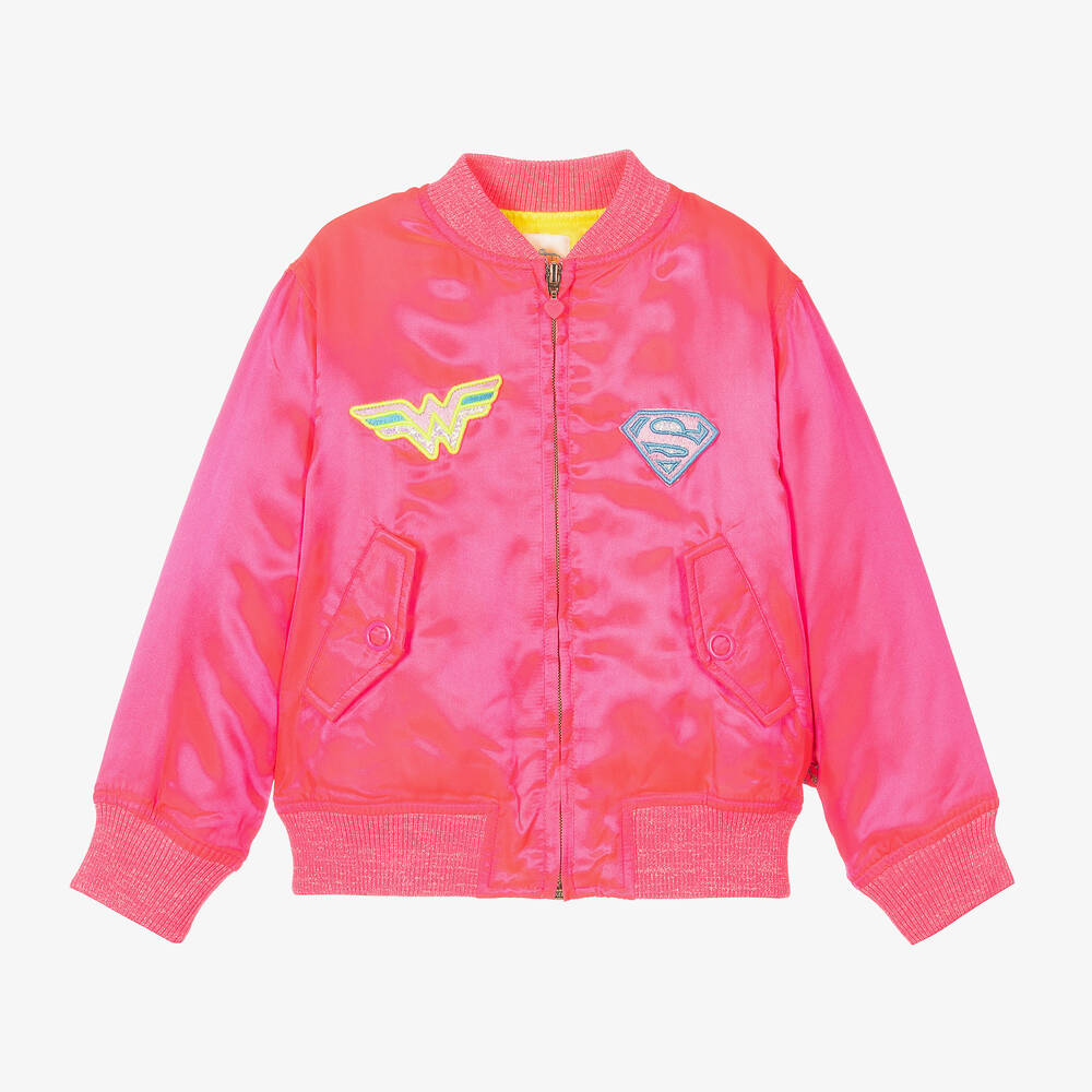 Girls Neon Pink Satin DC Bomber Jacket