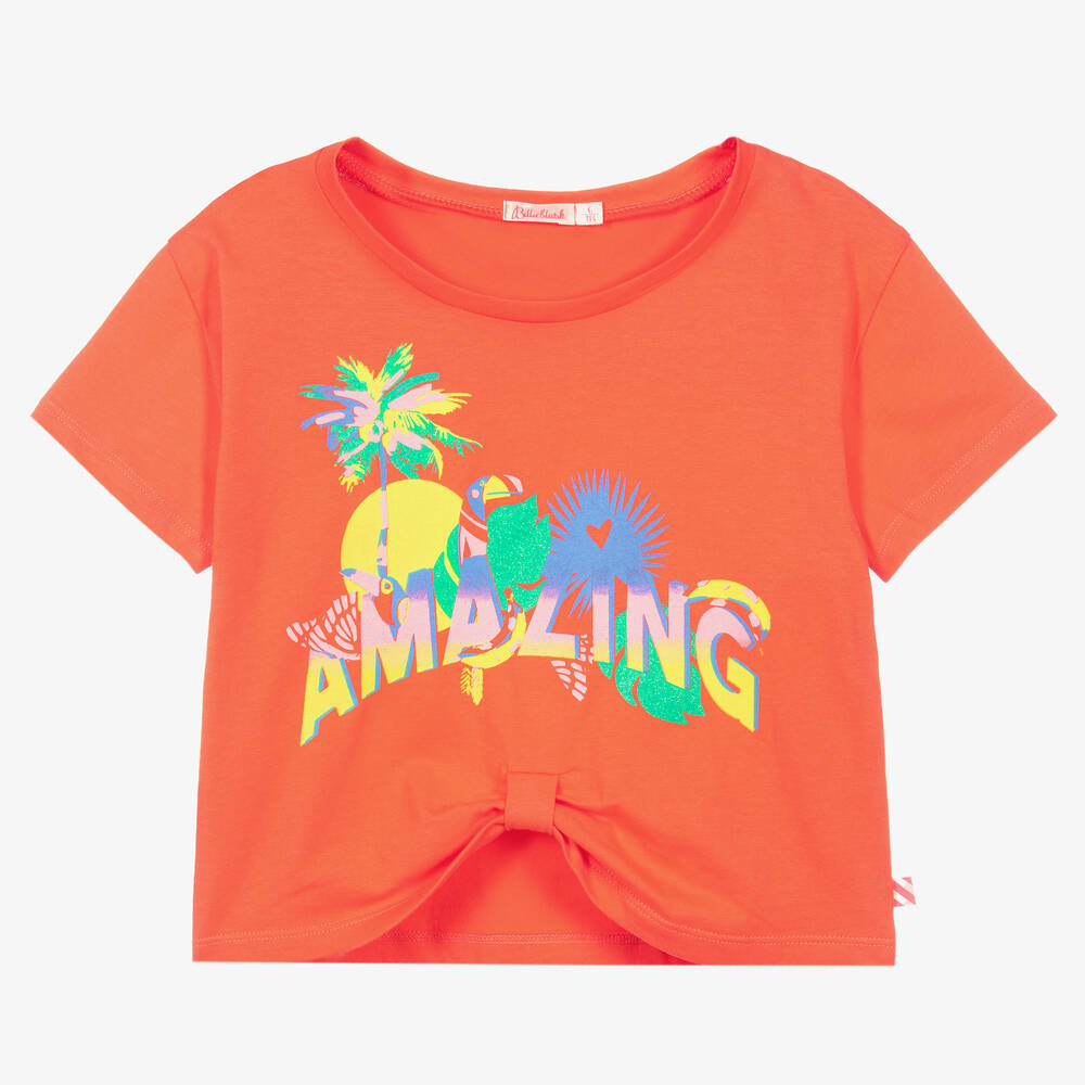 Billieblush - Girls Orange Tropical Print Cotton T-Shirt | Childrensalon
