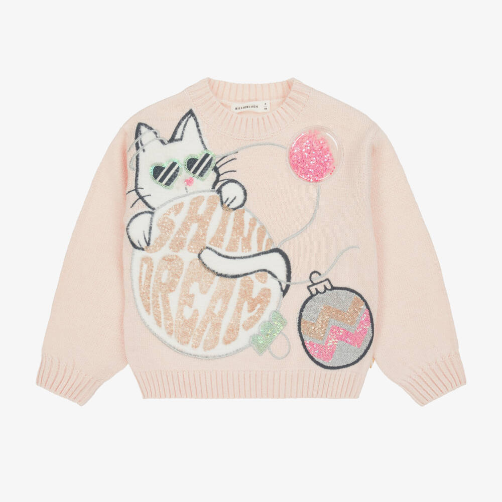 Billieblush-Girls Pale Pink Cat Sweater with Festive Baubles | Childrensalon Outlet