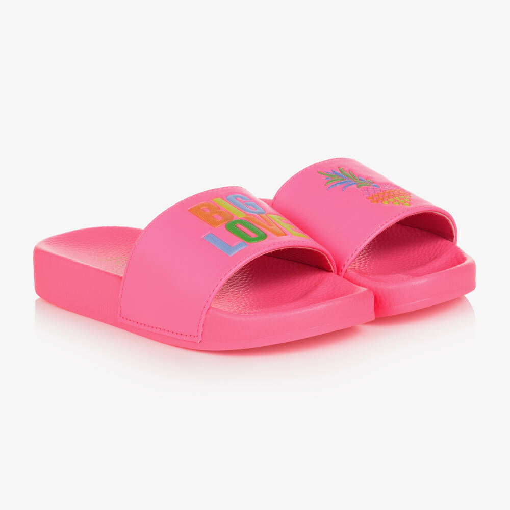Billieblush - Girls Pink Big Love Faux Leather Sliders | Childrensalon