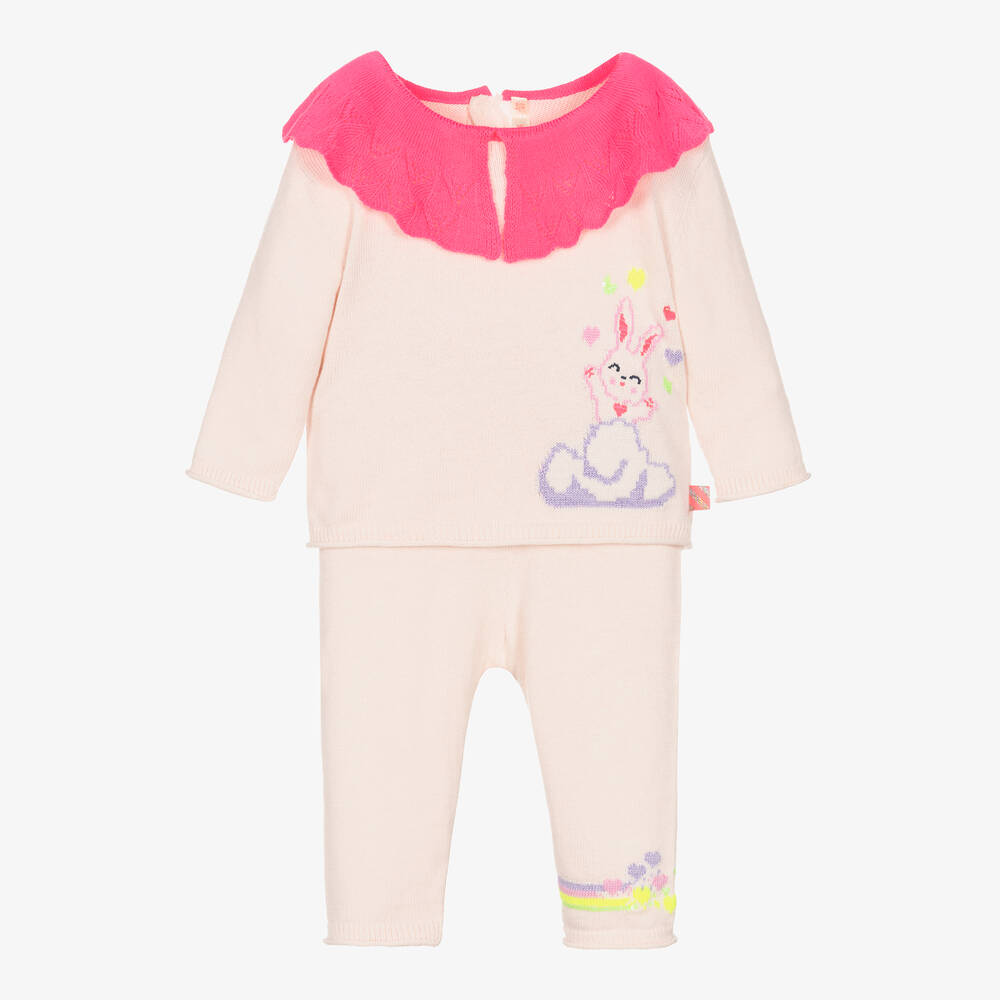 Billieblush - Girls Pink Cotton Knit Bunny Trouser Set  | Childrensalon