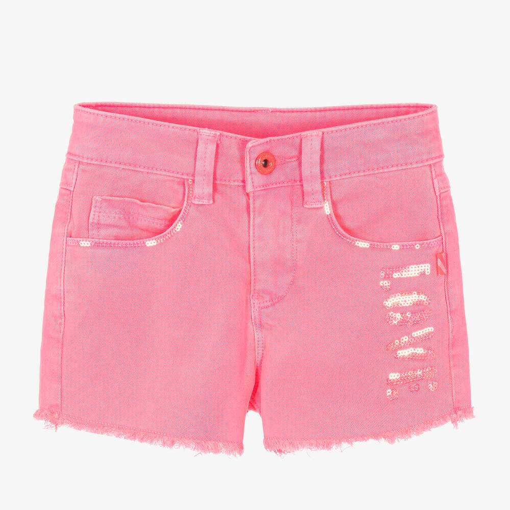 Billieblush - Girls Pink Cotton Sequin Denim Shorts | Childrensalon