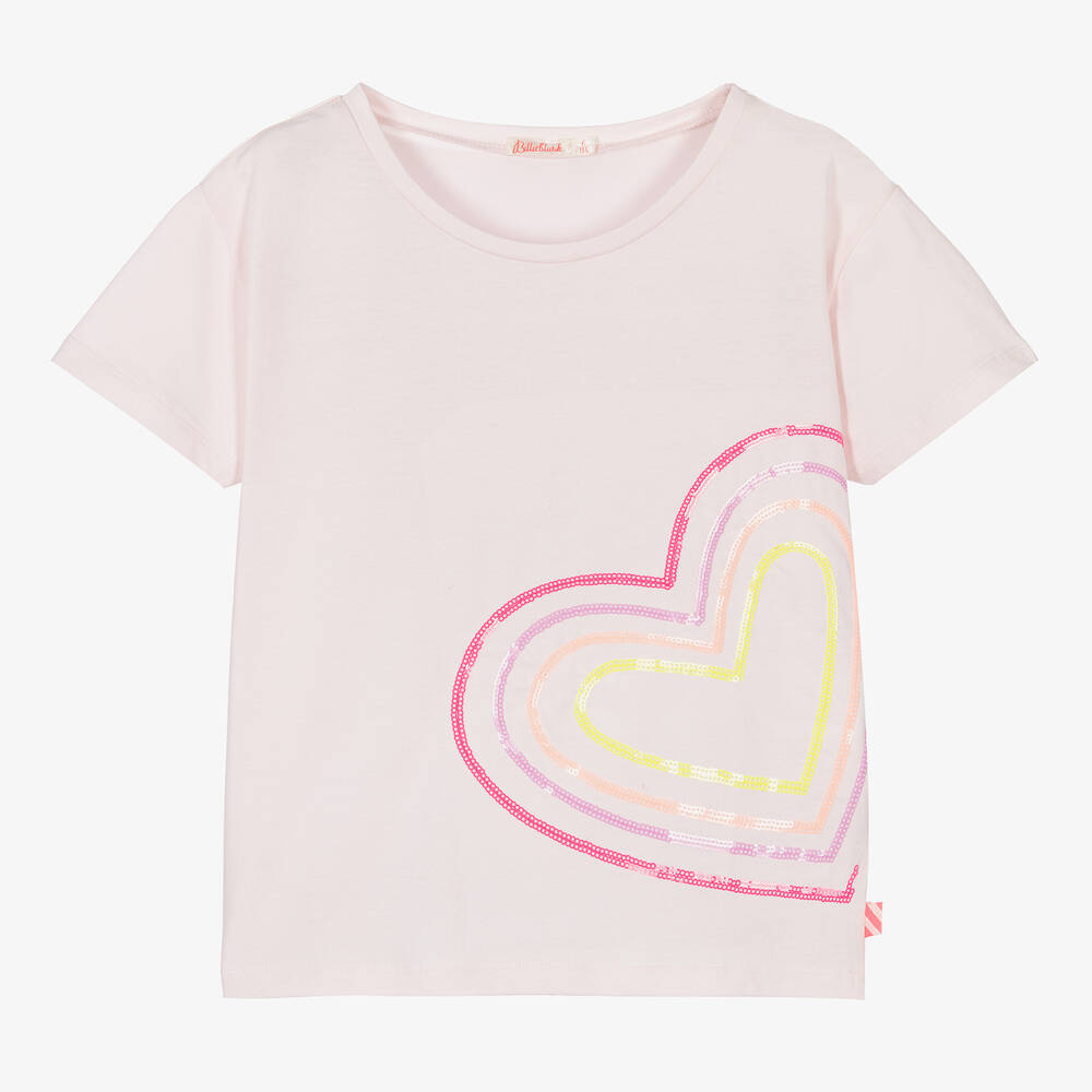 Billieblush - Розовая хлопковая футболка с сердцем из пайеток | Childrensalon