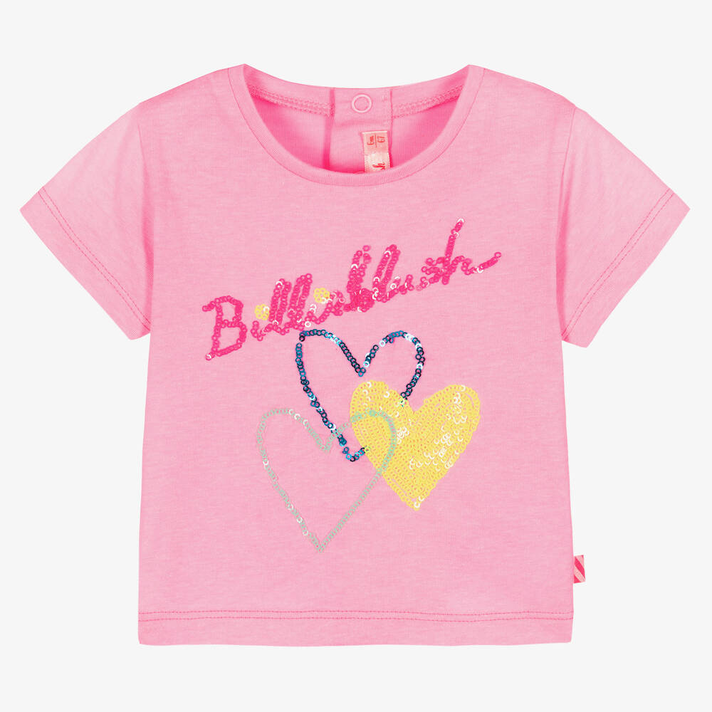 Billieblush - Girls Pink Cotton Sequin Heart T-Shirt | Childrensalon
