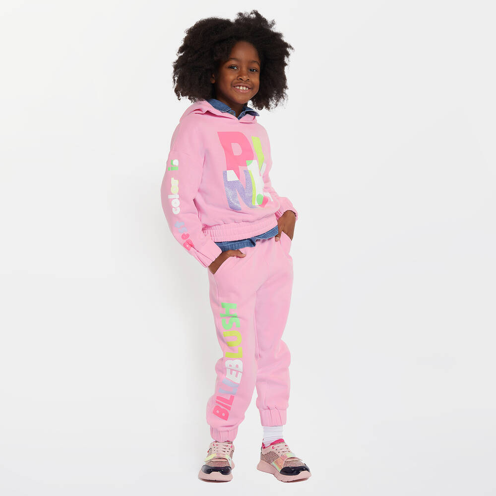Billieblush Girls Pink Cotton Slogan Hooded Tracksuit Childrensalon Outlet
