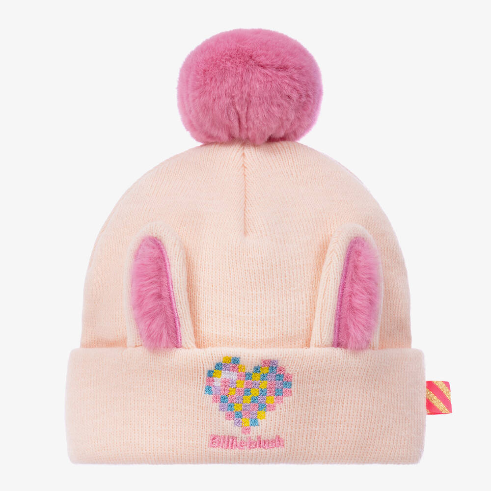 Billieblush - Girls Pink Knitted Bunny Ears Bobble Hat | Childrensalon