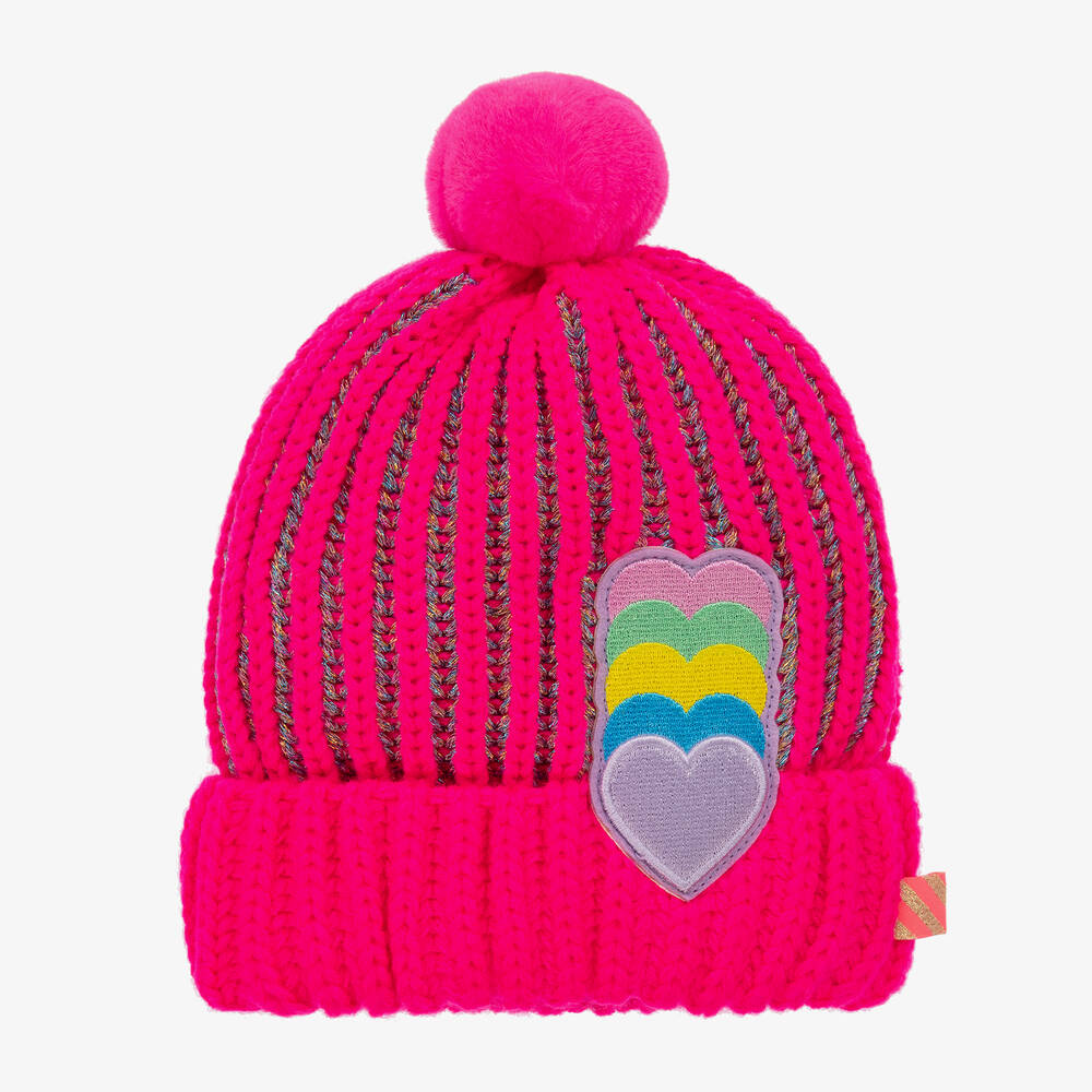 Billieblush - Розовая вязаная шапка с сердечками и помпоном | Childrensalon