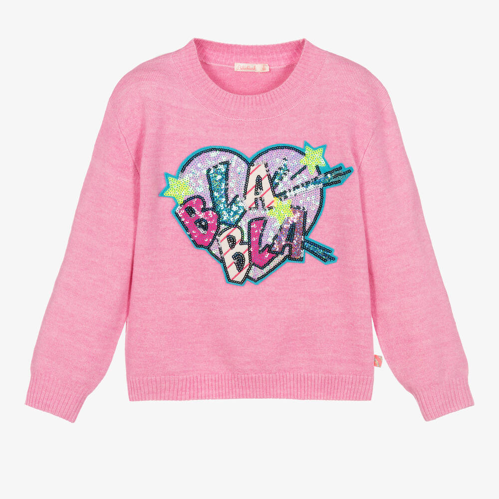 Billieblush - Girls Pink Knitted Sequin Heart Sweater | Childrensalon
