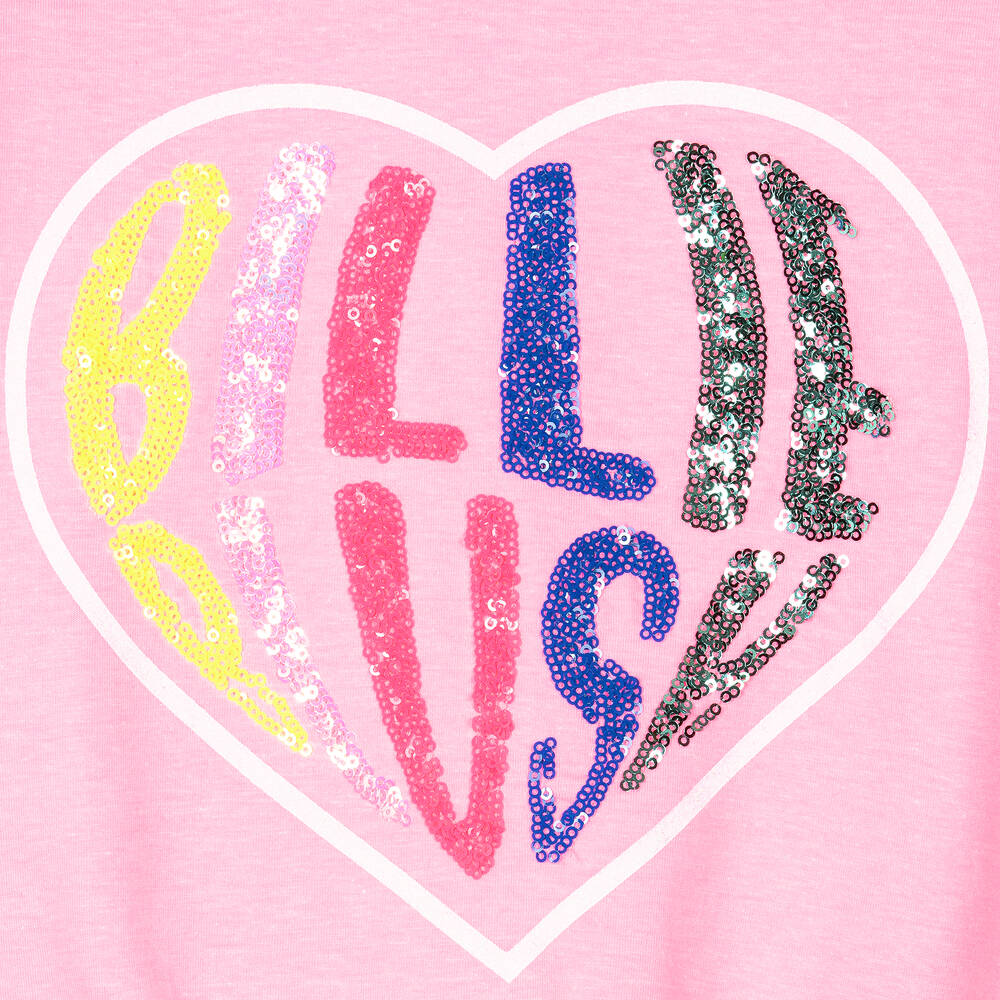 Billieblush Girls Pink Sequin Heart Cotton T Shirt Childrensalon Outlet