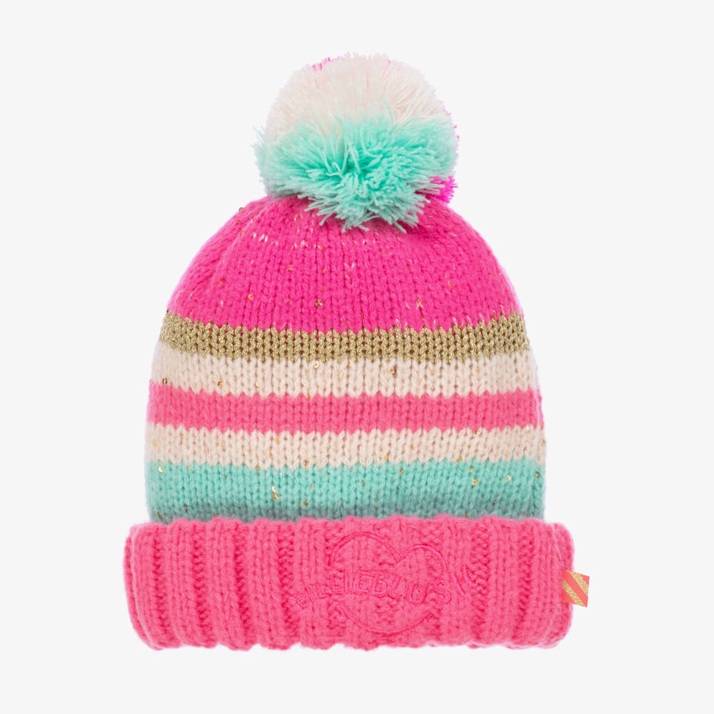 Billieblush-Girls Pink Striped Pom-Pom Beanie | Childrensalon Outlet