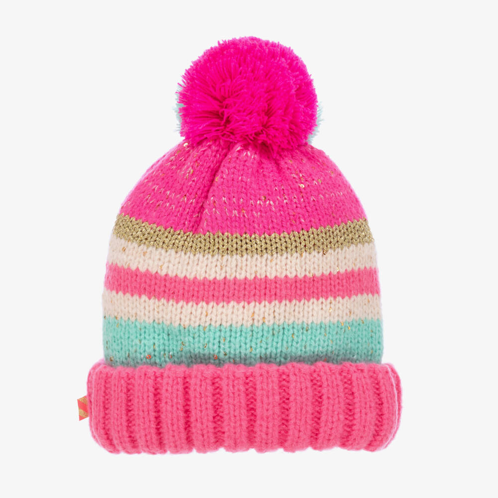 Billieblush-Girls Pink Striped Pom-Pom Beanie | Childrensalon Outlet