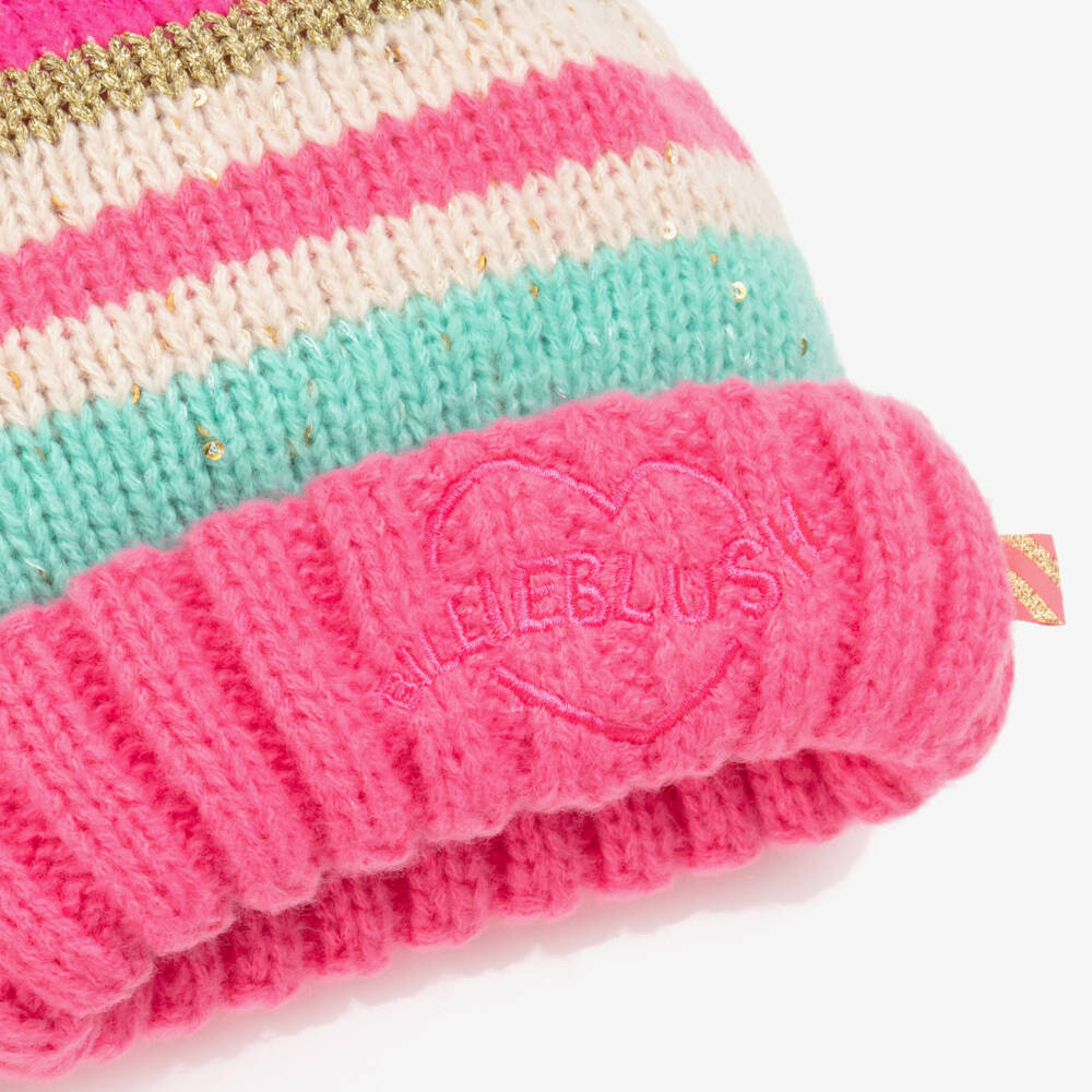 Billieblush-Girls Pink Striped Pom-Pom Beanie | Childrensalon Outlet