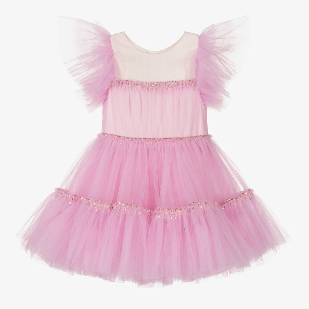 Billieblush - Robe rose en tulle à volants fille | Childrensalon
