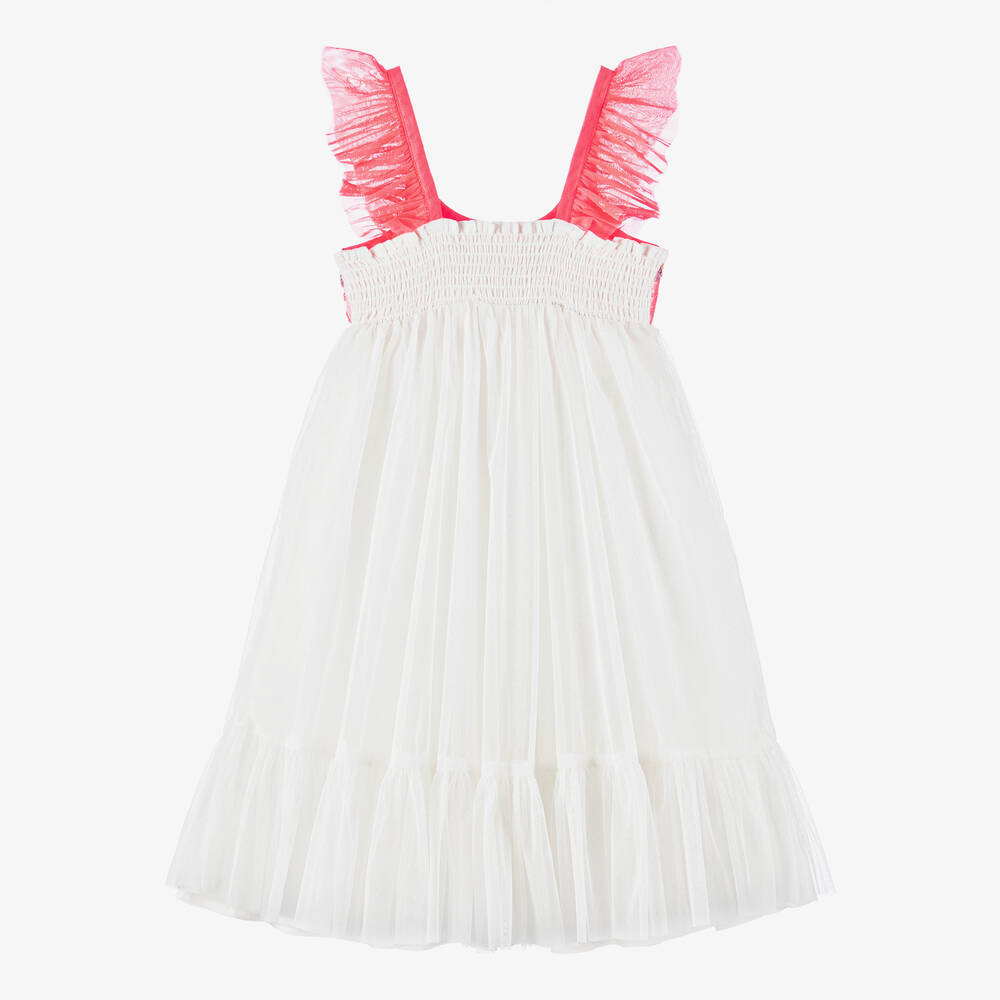 Billieblush-فستان تول لون أبيض وزهري نيون مزين بترتر | Childrensalon Outlet