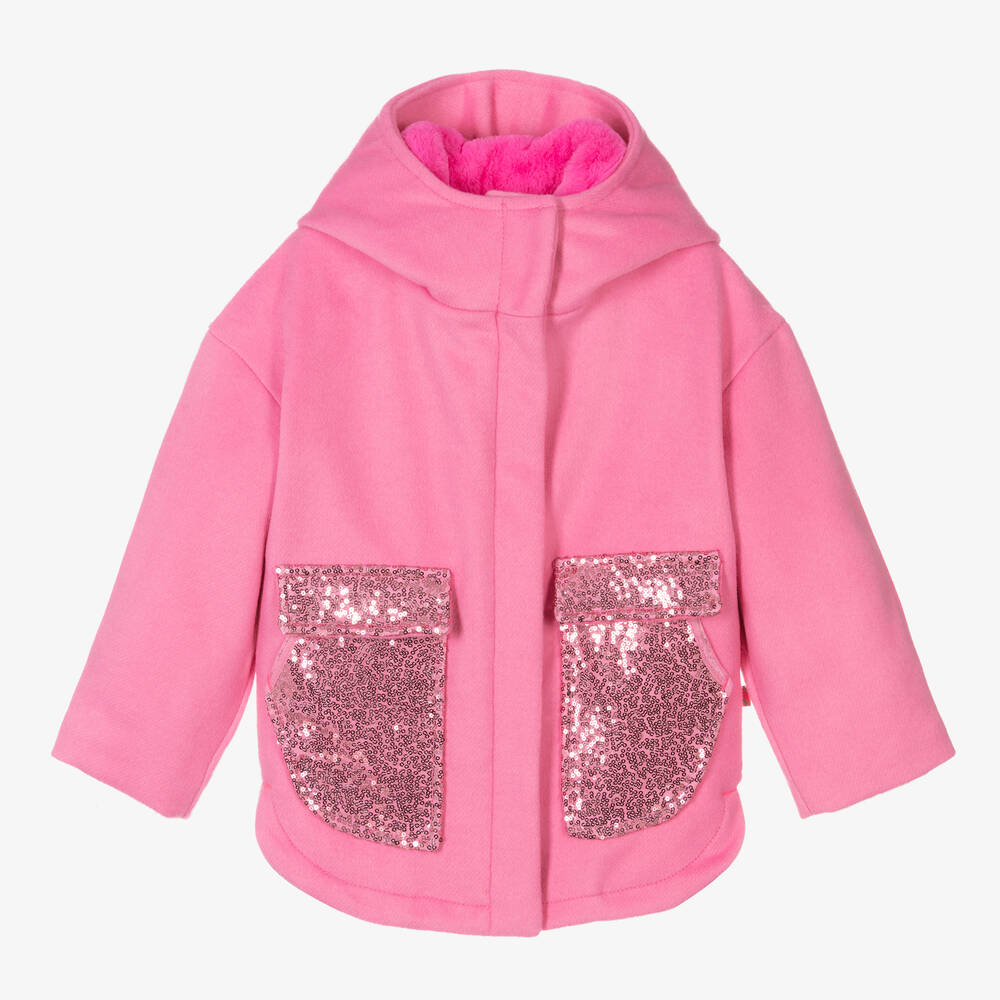 Billieblush - Manteau à capuche rose en laine Fille | Childrensalon
