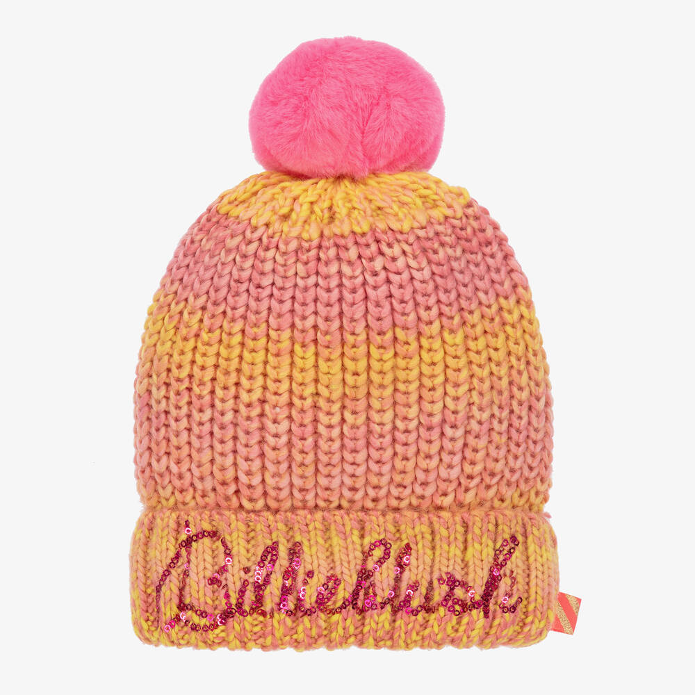 Billieblush - Girls Pink & Yellow Knitted Pom-Pom Hat | Childrensalon
