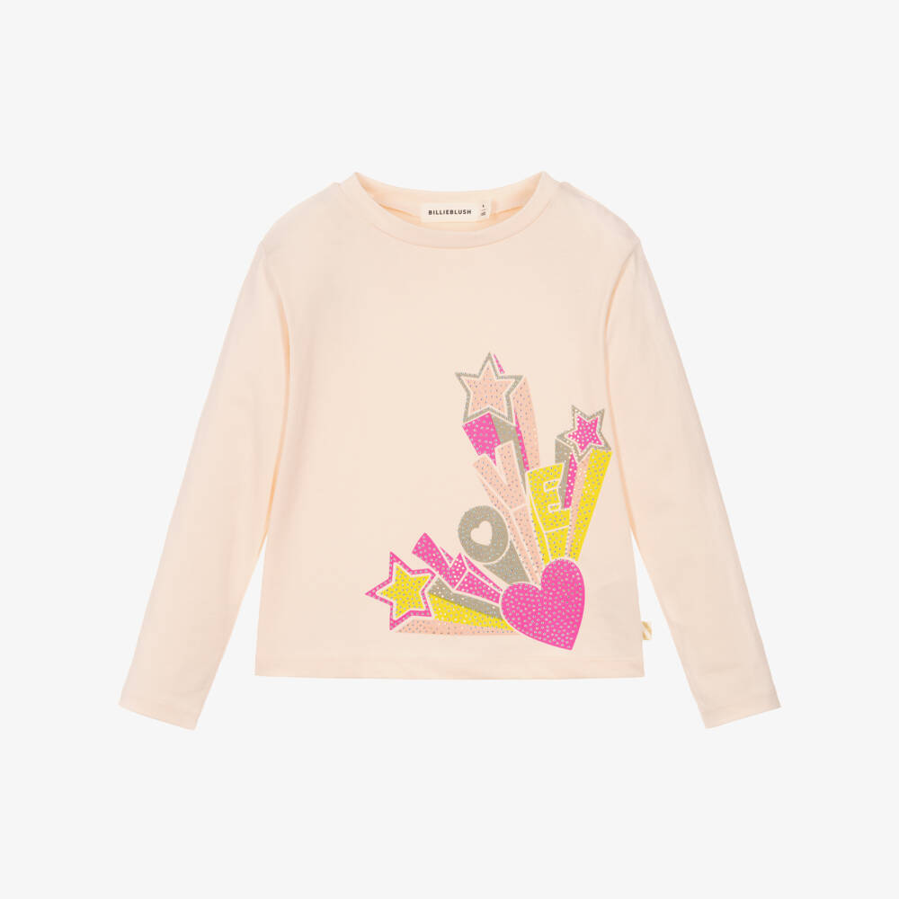 Billieblush-Girls Powder Pink Cotton Top with Diamanté Love Logo | Childrensalon Outlet