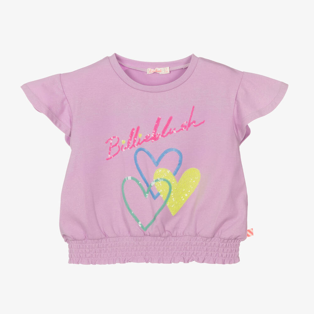 Billieblush - Girls Purple Cotton Glitter Heart Logo T-Shirt | Childrensalon