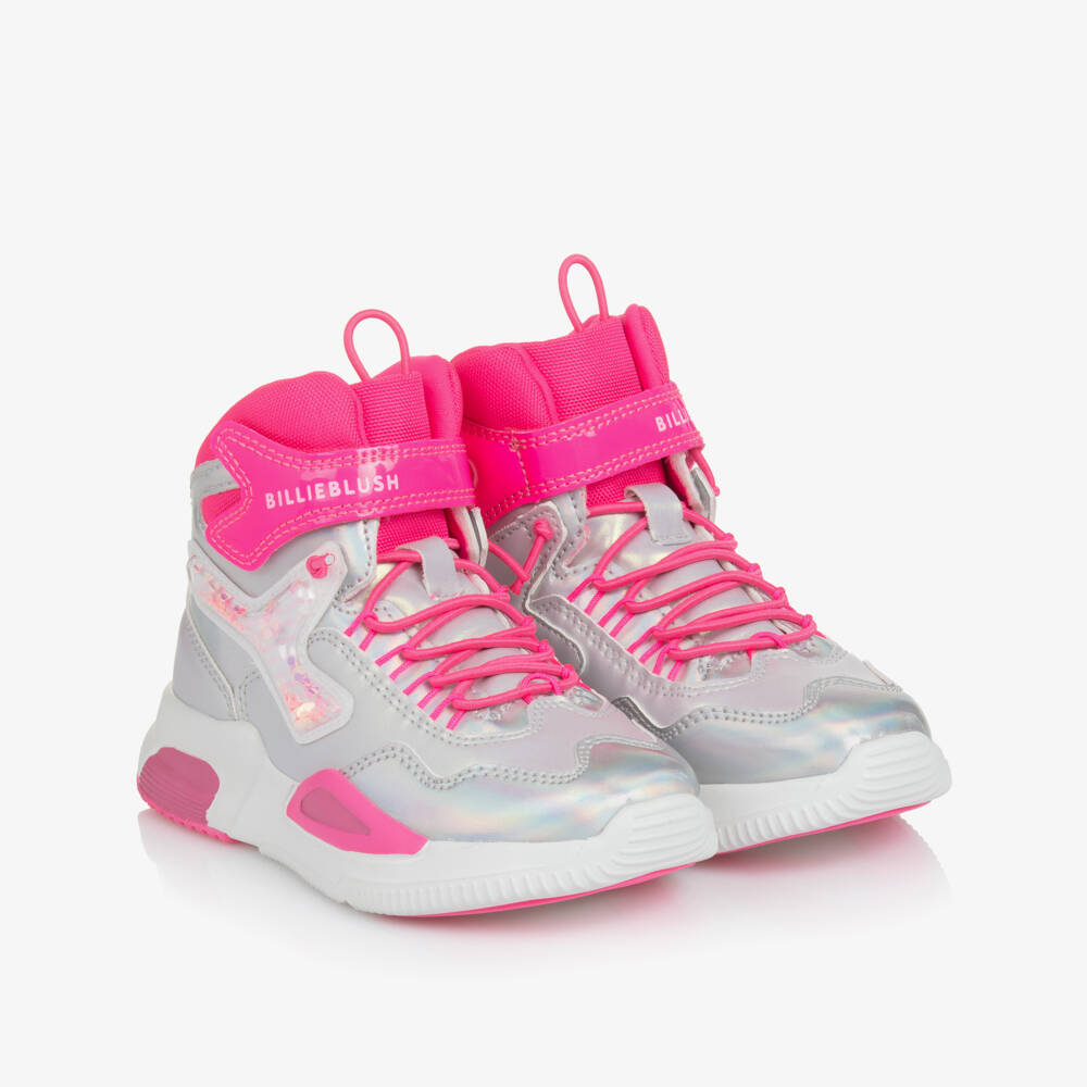 Billieblush-Girls Silver & Pink Faux Leather High-Top Trainers | Childrensalon Outlet