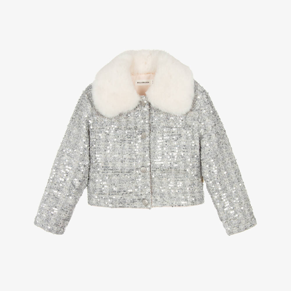 Billieblush-Girls Silver Sequin Tweed Jacket | Childrensalon Outlet
