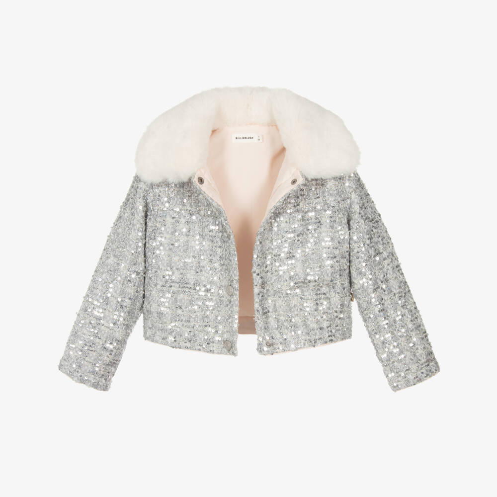 Billieblush-Girls Silver Sequin Tweed Jacket | Childrensalon Outlet