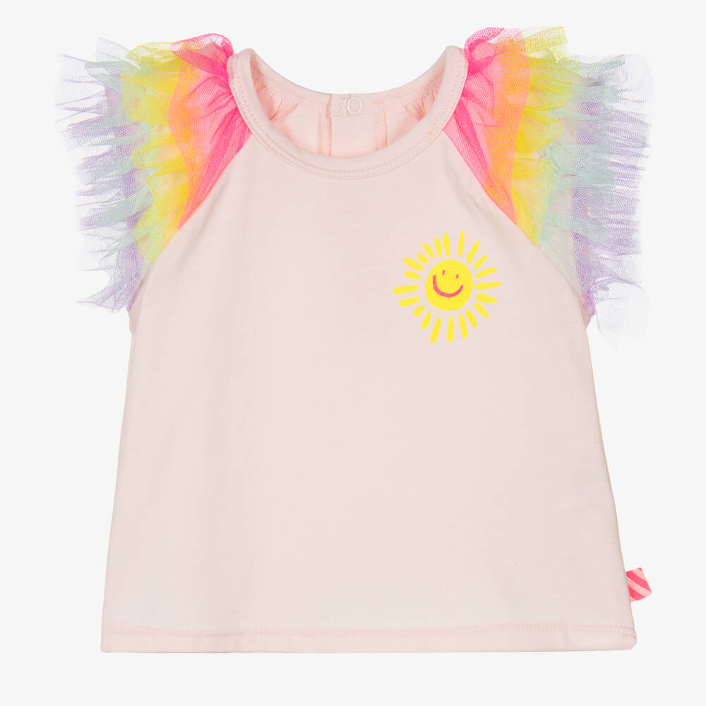 Billieblush-Girls Tulle-Sleeved Cotton Pink Top | Childrensalon Outlet