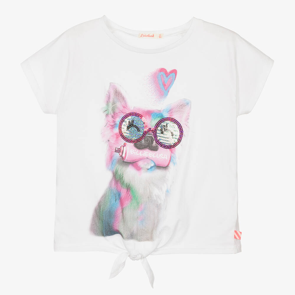 Billieblush - Girls White Cotton Dog Print T-Shirt | Childrensalon