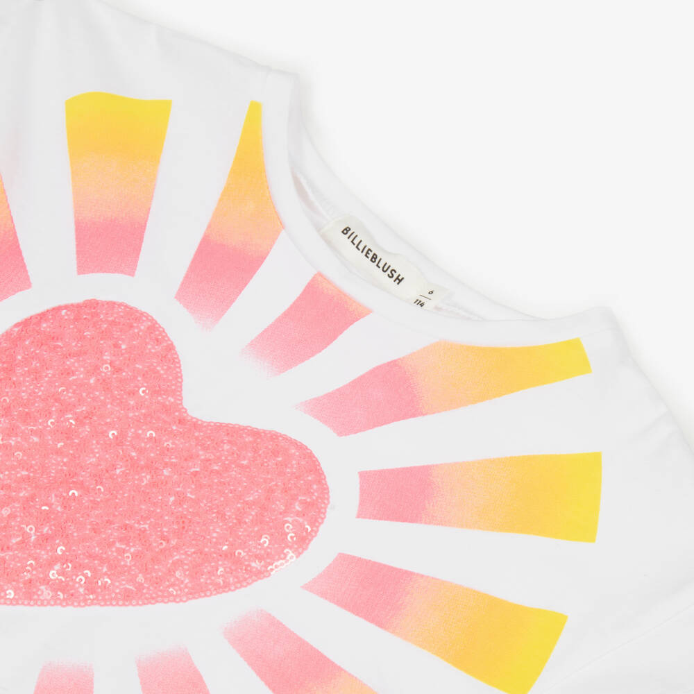 Billieblush-Girls White Cotton Sequin Heart T-Shirt | Childrensalon Outlet