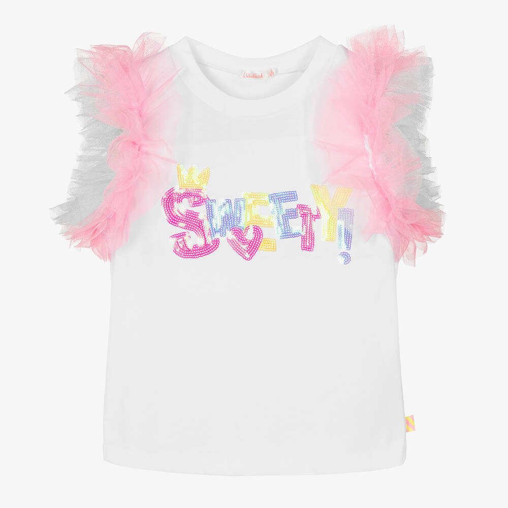 Billieblush-Girls White Cotton & Tulle T-Shirt | Childrensalon Outlet