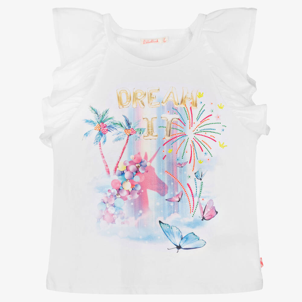 Billieblush - Girls White Cotton Unicorn Dream T-Shirt | Childrensalon