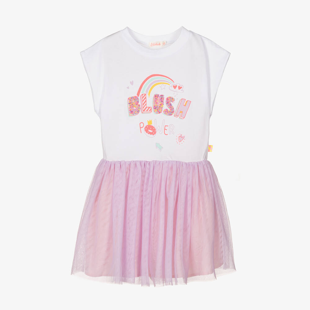 Billieblush-Girls White & Lilac Slogan Dress | Childrensalon Outlet